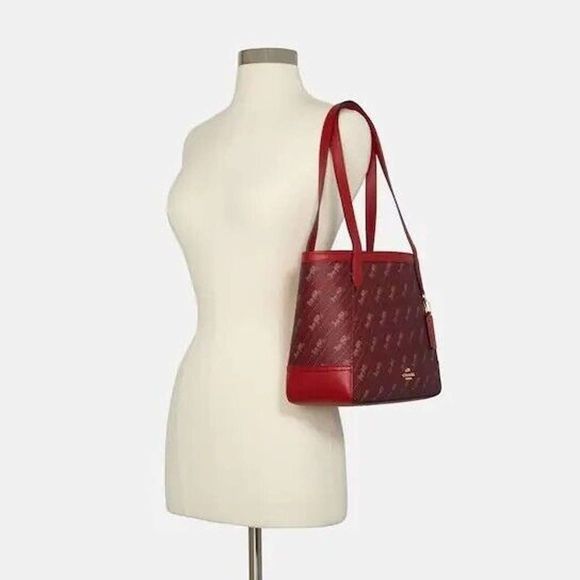 Coach Horse and Carriage Tote 27 Dot Print Coated Canvas Deep Red Large Bag - Picture 3 of 5